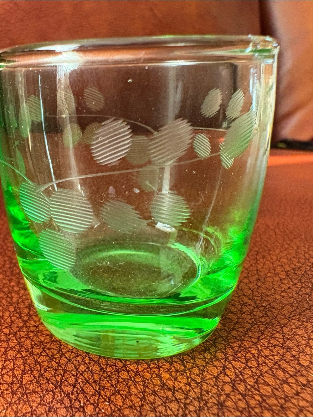 Green Uranium Etched Glass Shot Glass Height Cups - Retro Dot Pattern